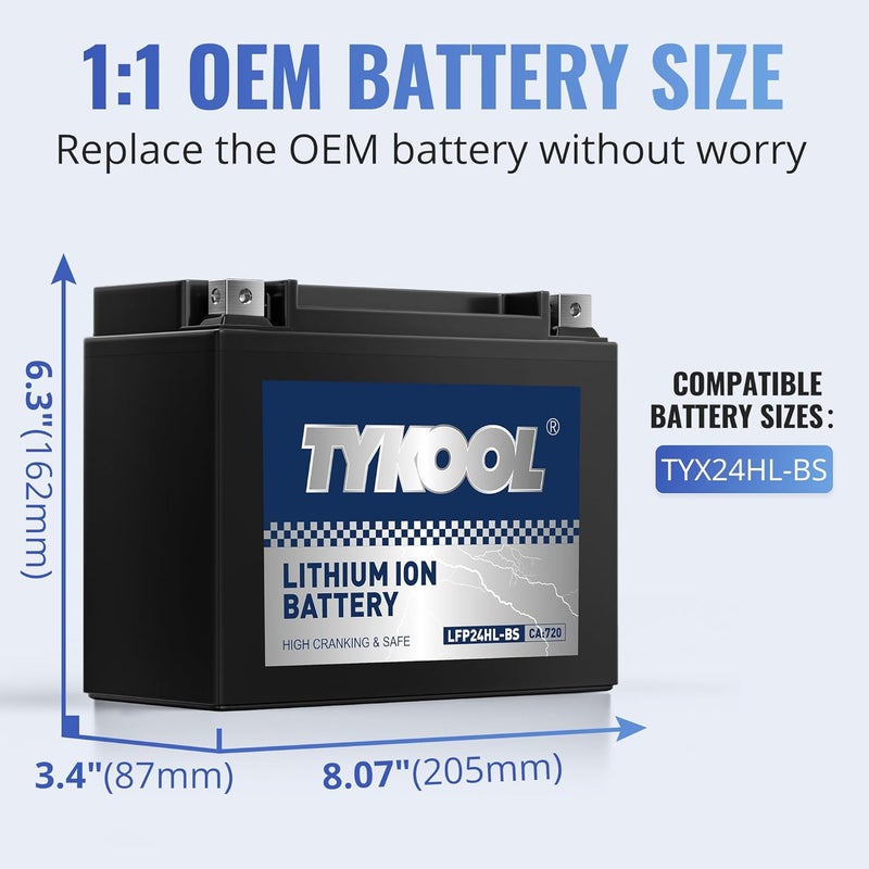 TYKOOL YTX24HL-BS High Performance Lithium LiFePO4 Motorcycle Battery, 720CCA,16Ah,2X Cranking Power,5X Service Life, Digital Readout,Competible for ATV,Motorcycle,Snowmobile, riding lawn Mower - Image 2